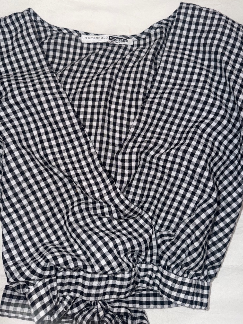 Necessary Objects Black and White Gingham Wrap Top with Tie